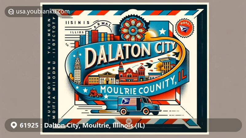 Modern illustration of Dalton City, Moultrie County, Illinois, showcasing postal theme with ZIP code 61925, featuring Illinois state flag, Moultrie County outline, and Dalton City landmarks.