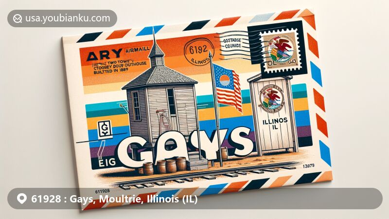 Modern illustration of Gays, Moultrie County, Illinois, focusing on ZIP code 61928, showcasing airmail envelope, Illinois state flag, famous two-story outhouse built in 1869, and postal elements like stamps and postmark.