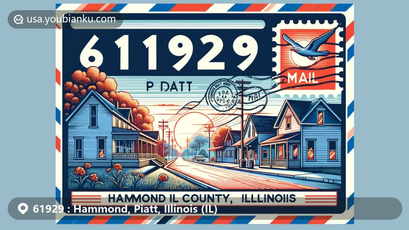 Modern illustration of Hammond, Piatt County, Illinois, depicting a village street scene with a postcard theme and ZIP code 61929, incorporating local symbols and a postage stamp.