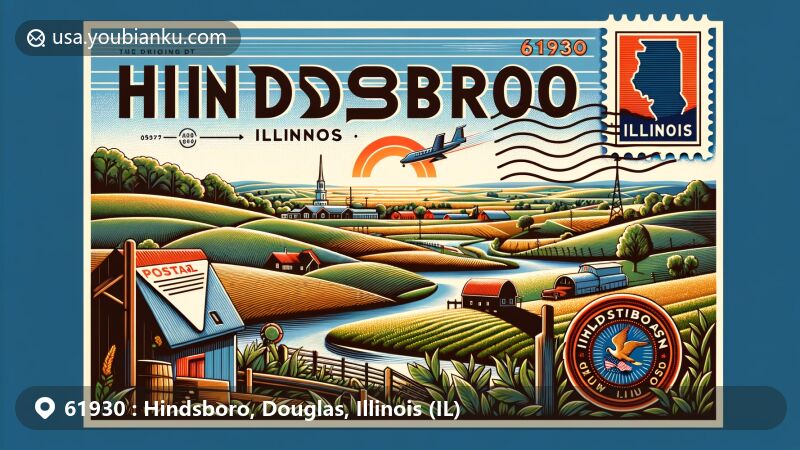 Modern illustration of Hindsboro, Illinois, blending rural landscape with postal themes, portraying serene countryside with rolling hills and farmland, incorporating postal stamp, envelope, iconic Illinois imagery, and ZIP Code 61930.