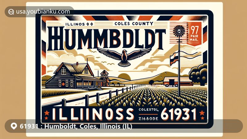 Modern illustration of Humboldt, Coles County, Illinois, capturing postal theme with ZIP code 61931 and Illinois state symbols.