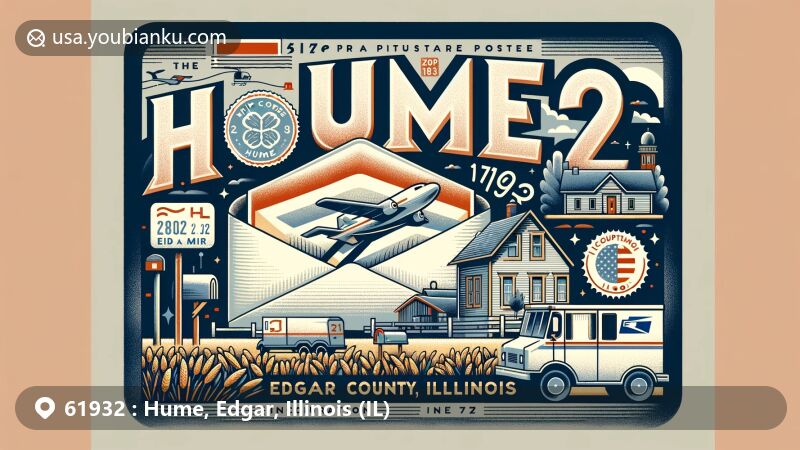 Modern illustration of Hume, Edgar County, Illinois, featuring airmail envelope with postage stamps, postmark, mailbox, mail truck, and ZIP code 61932, set against rural and historical backdrop with prairies and nod to agricultural past.