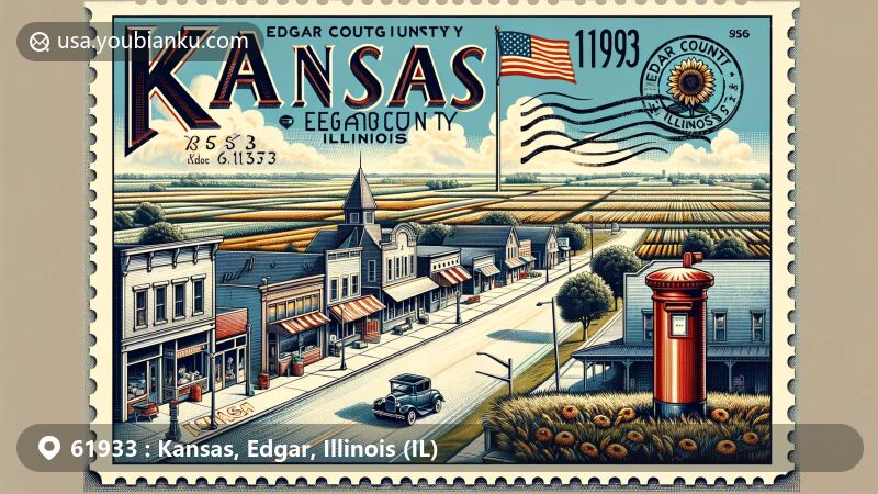 Vintage-style postcard illustration of Kansas, Edgar County, Illinois, with ZIP code 61933, featuring downtown area, local landmarks, classic American diner, and Illinois agricultural landscape.