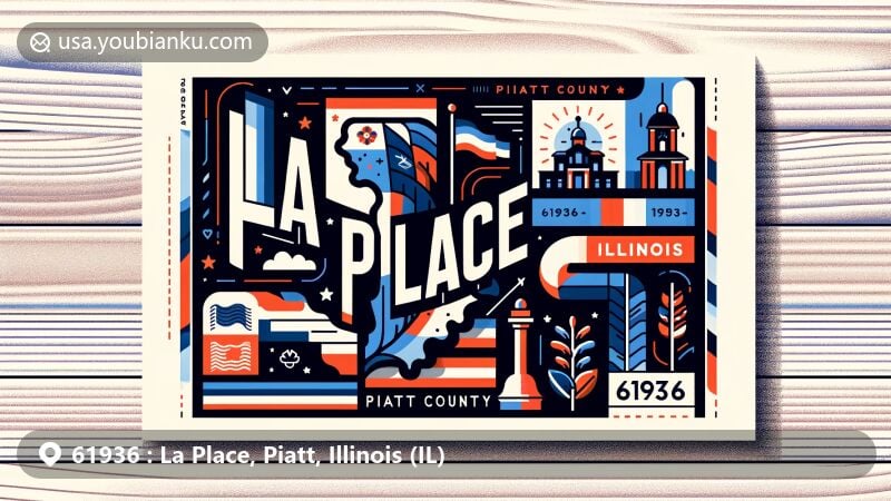 Modern illustration of La Place, Piatt County, Illinois, highlighting ZIP code 61936, featuring Illinois state flag, Piatt County's silhouette, and iconic town symbols, integrated with postal elements like stamp, postmark, and envelope edge.