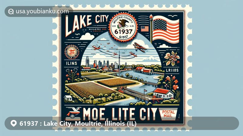 Modern illustration of Lake City, Moultrie County, Illinois, capturing the essence of rural community life with farmland and rural landscapes, featuring the state flag and a vintage air mail envelope showcasing ZIP code 61937.