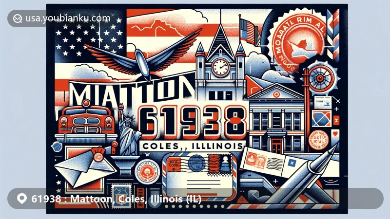 Modern illustration of Mattoon, Coles County, Illinois, featuring ZIP code 61938 and local landmarks, creatively integrating postal elements with 'Mattoon, IL' text.