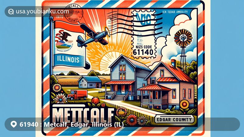 Creative illustration of Metcalf, Illinois, showcasing Illinois state flag, Edgar County outline, and rural Midwestern elements with vintage postal theme and ZIP code 61940.