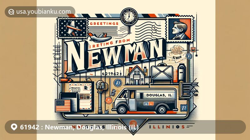 Modern illustration of Newman, Douglas County, Illinois, highlighting postal theme with ZIP code 61942, featuring Illinois state flag, Douglas County outline, stamps, postmarks, mailbox, and antique postal van.