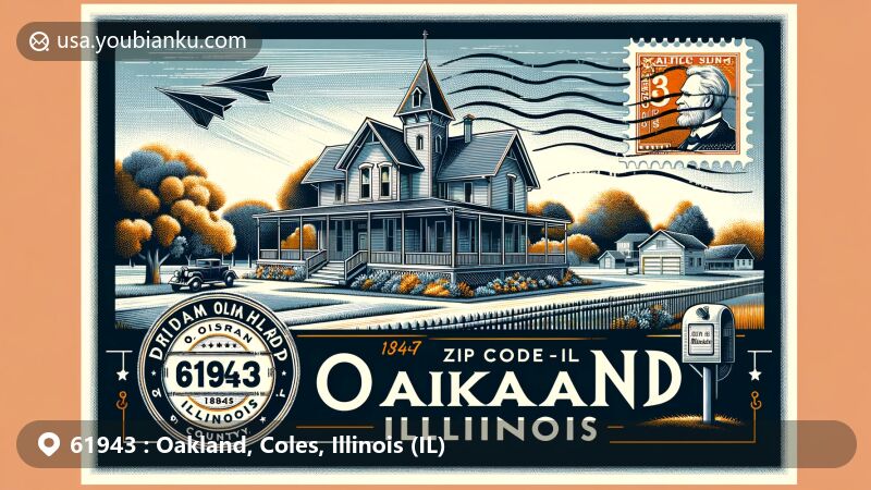 Modern illustration of Oakland, Illinois, featuring ZIP code 61943 and the historic home of Dr. Hiram Rutherford, known for abolitionist activities and the 1847 Matson Trial, with local landscape elements, vintage postal motifs, and a subtle silhouette of the state of Illinois in the background.