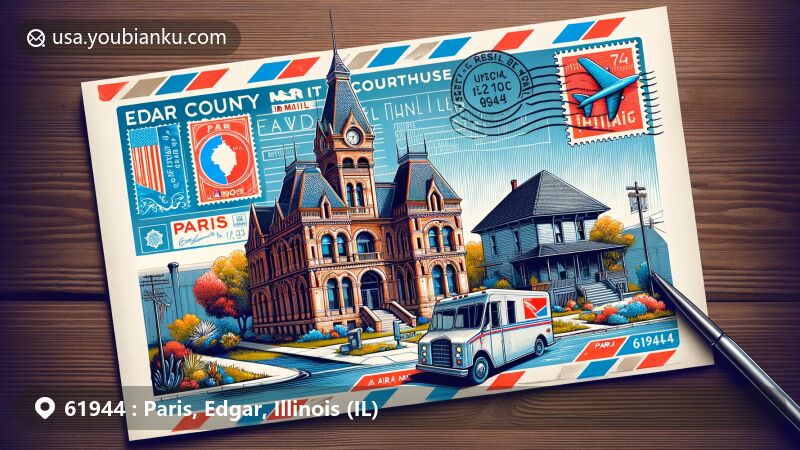 Modern illustration of Paris, Edgar County, Illinois, featuring Edgar County Courthouse and historic Little Brick House, with vibrant postal theme including air mail envelope background, vintage stamp with ZIP code 61944, postal mark, and classic mail truck.