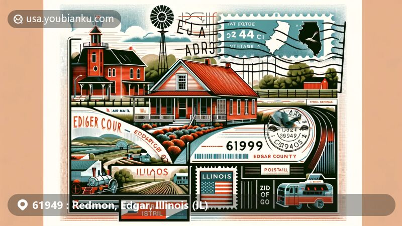 Modern illustration of Redmon, Edgar County, Illinois, featuring postal theme with ZIP code 61949, incorporating rural charm and natural scenery of the area.