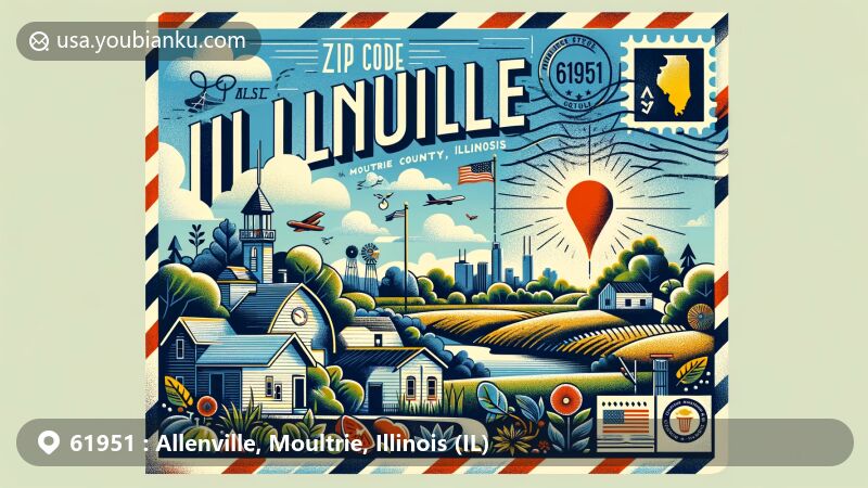 Modern illustration of Allenville, Moultrie County, Illinois, featuring state flag, map of county, and local landmarks, styled as air mail envelope with vintage postal elements and ZIP code 61951.