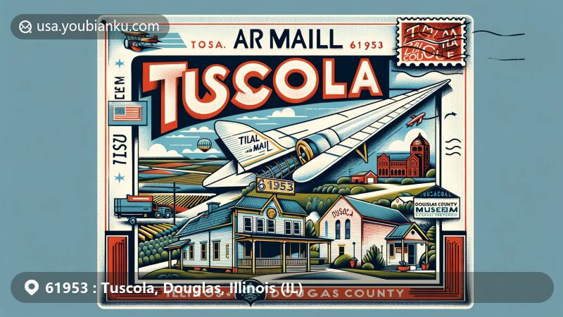 Modern illustration of Tuscola, Illinois, showcasing postal theme with ZIP code 61953 in Douglas County, featuring Douglas County Museum and local symbols.