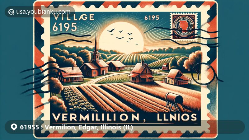 Modern illustration of Vermilion, Edgar County, Illinois, with postal theme showcasing ZIP code 61955, rural ambiance, and agricultural essence.