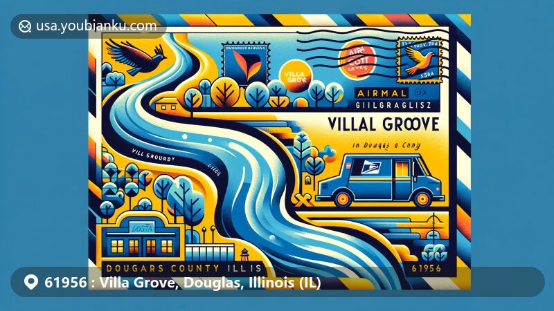 Engaging illustration depicting Villa Grove, Douglas County, Illinois, with ZIP code 61956, showcasing the Embarras River, Douglas County outline, and airmail envelope with Illinois state symbols - the Northern Cardinal and the Violet.