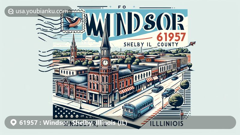 Creative illustration of Windsor, Shelby County, Illinois, representing cityscape, county geography, and postal elements for ZIP code 61957, featuring vintage postcard design with postage stamp, postmark, and postal symbols.