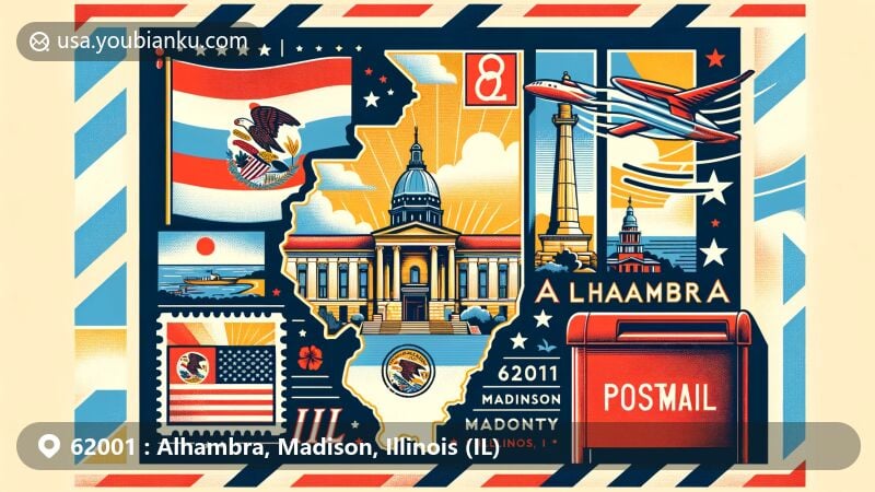 Modern illustration of Alhambra area in Madison County, Illinois, integrating postal elements and showcasing Illinois state flag and Madison County outline.