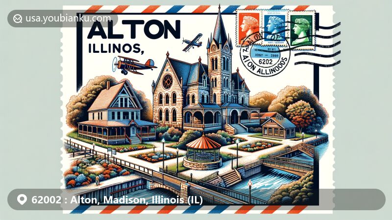 Modern illustration of Alton, Illinois, featuring Victorian Queen Anne style house, stone church, Riverfront Park, and air mail envelope with stamps, postmark, and ZIP Code 62002.