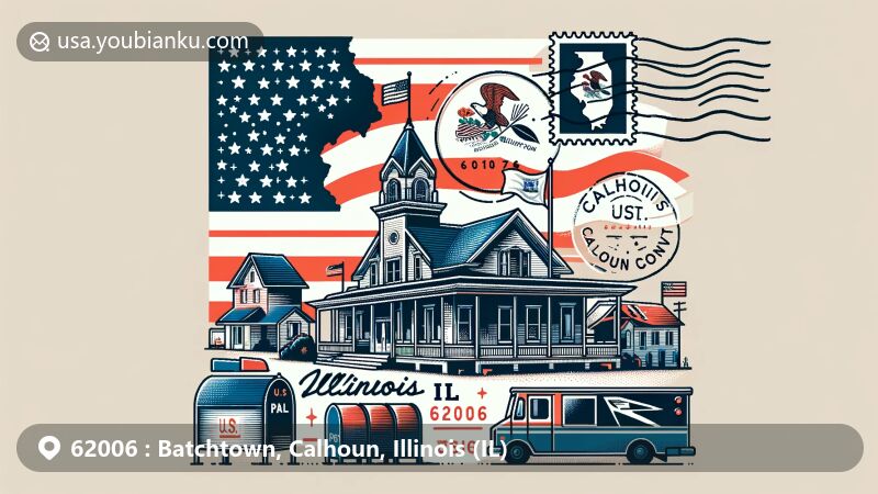 Modern illustration of Batchtown, Calhoun, Illinois, showcasing postal theme with ZIP code 62006, integrating flag of Illinois and Calhoun County outline, featuring post office and distinctive buildings.