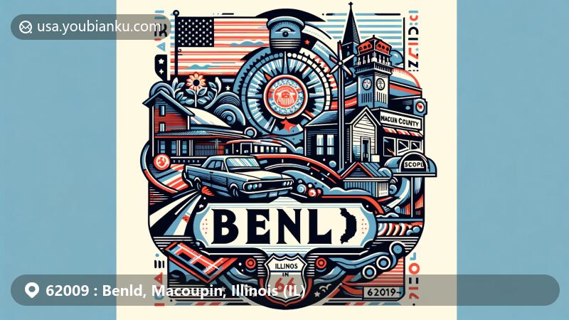 Modern illustration of Benld, Macoupin, Illinois (IL), featuring ZIP code 62009, incorporating Illinois state flag, Macoupin County outline, and Route 66 as local landmarks, designed like a postcard with postal elements.