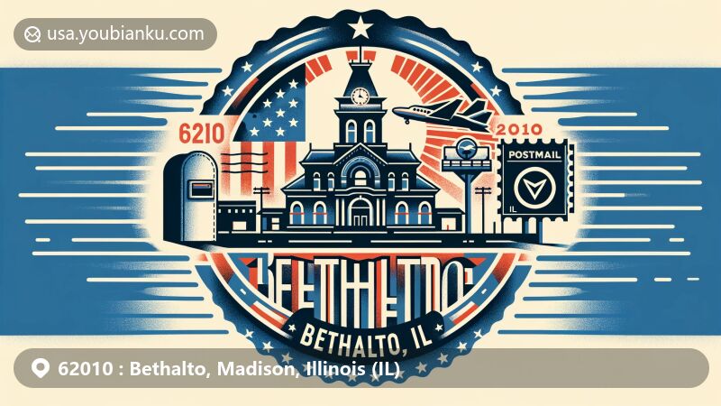 Creative illustration of Bethalto, Madison, Illinois, highlighting ZIP code 62010 and Bethalto Historical Museum silhouette, blending cultural heritage with postal theme.