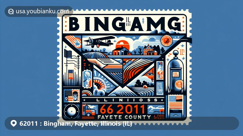 Modern illustration of Bingham, Fayette County, Illinois, showcasing postal theme with ZIP code 62011, featuring iconic state symbols and rural Midwestern landscapes.