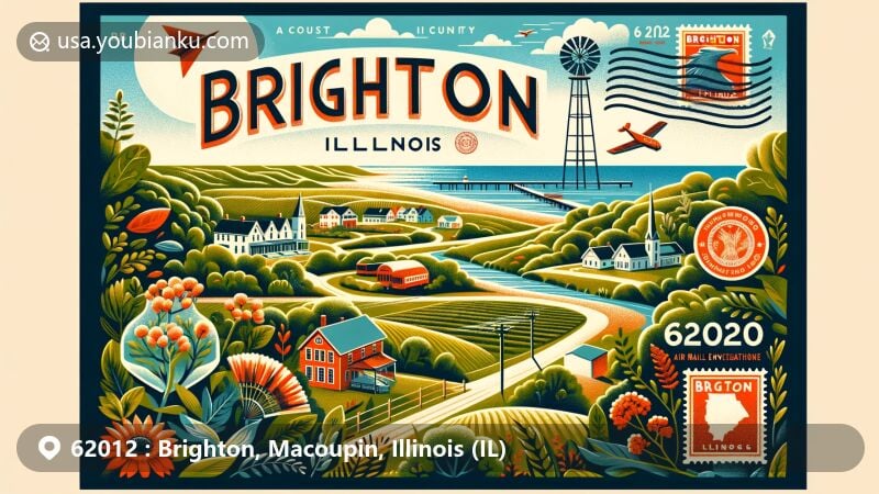 Modern illustration of Brighton, Macoupin County, Illinois, featuring serene outdoor scene, postal elements like stamps, postmarks, and ZIP code 62012, and subtle hints of historical significance, set against a backdrop of clear skies and gentle hills.