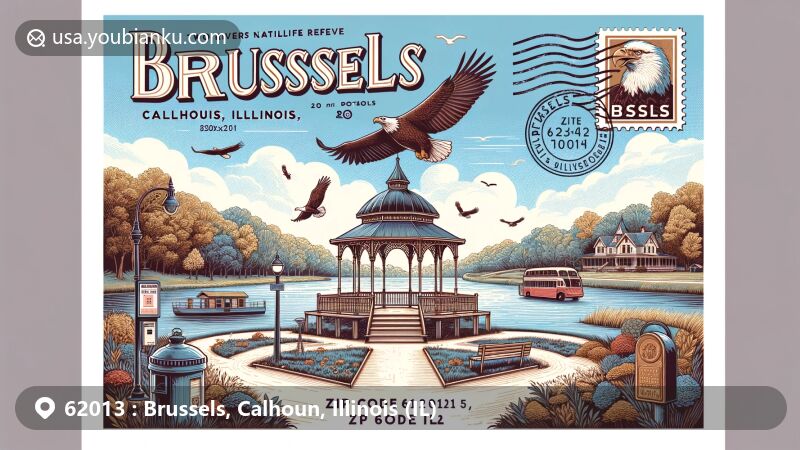 Modern illustration of Brussels, Calhoun County, Illinois, spotlighting Two Rivers National Wildlife Refuge and Victorian gazebo and walking trail in Brussels Historic District, featuring airmail envelope border, stamps, '62013' postmark, and postal elements like mailbox and van.