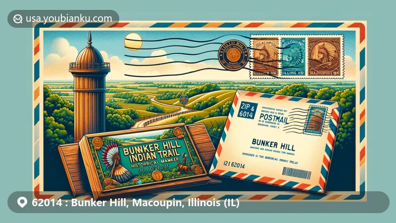 Modern illustration of Bunker Hill, Macoupin, Illinois, featuring Bunker Hill Indian Trail historical marker and Illinois landscape, with ZIP code 62014 and vintage postal elements.