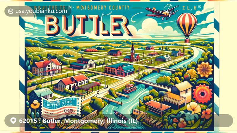 Modern illustration of Butler, Montgomery County, Illinois, featuring postal theme with ZIP code 62015, showcasing community spirit and pastoral scenery.