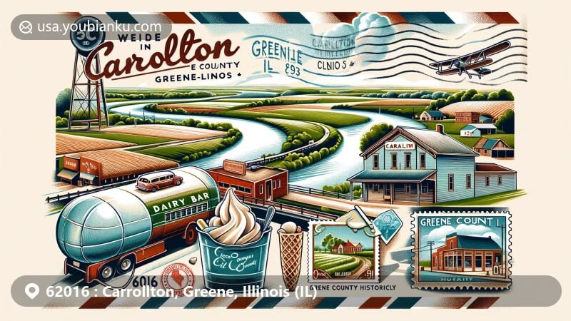 Modern illustration of Carrollton, Greene County, Illinois, showcasing postal theme with ZIP code 62016, featuring the serene Illinois River, rolling fields, Carrollton's town square, Dairy Bar, Lee-Baker-Hodges House, vintage airmail envelope, stamps, and a postmark.