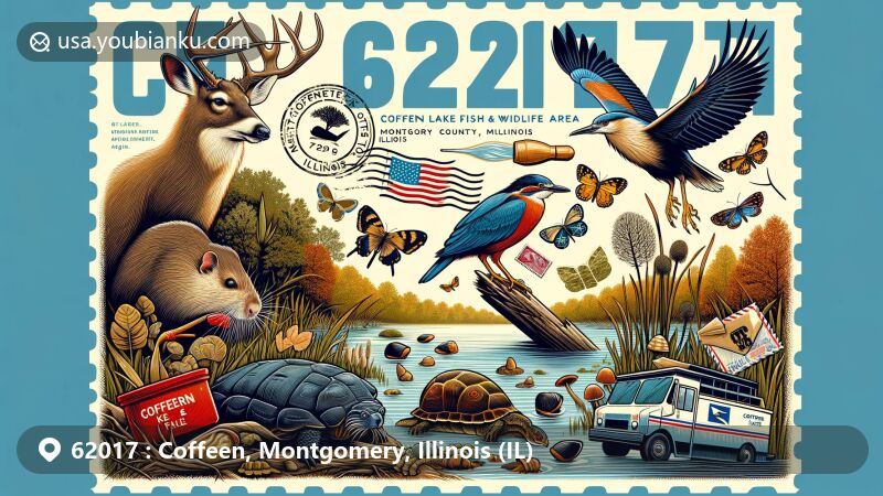 Modern illustration of Coffeen, Montgomery County, Illinois, with ZIP code 62017, highlighting Coffeen Lake State Fish & Wildlife Area and Illinois state symbols.