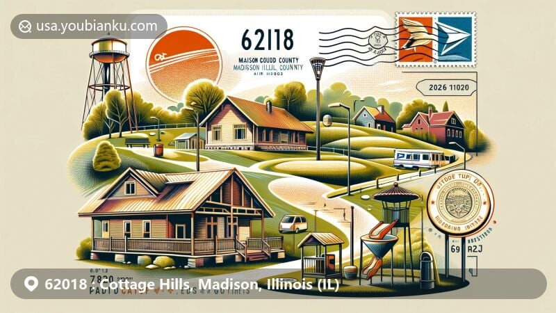 Modern illustration of Cottage Hills, Madison County, Illinois, highlighting Kutter Park's recreational elements, including playground equipment and disc golf course, within the postal theme of ZIP Code 62018.