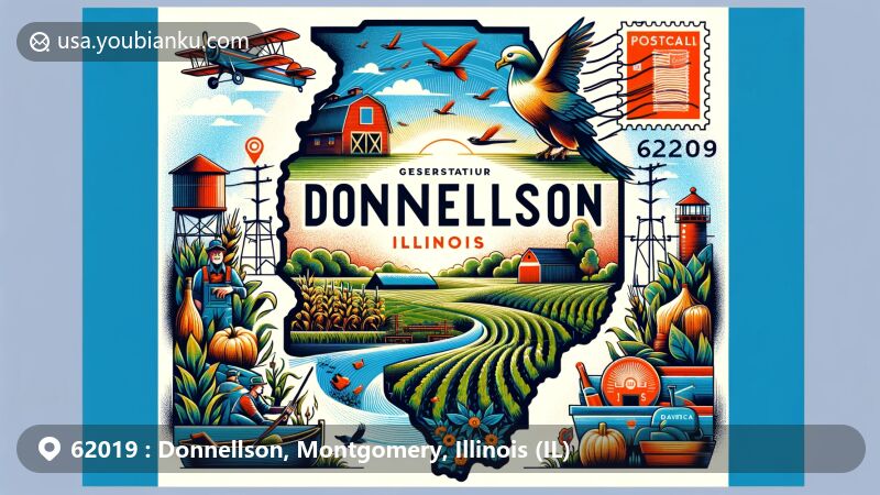 Modern illustration of Donnellson, Illinois, in Montgomery County, highlighting location between Hillsboro and Greenville, showcasing natural resources and agricultural heritage, with a postal theme featuring ZIP Code 62019, airmail envelope, stamp, and postmark.