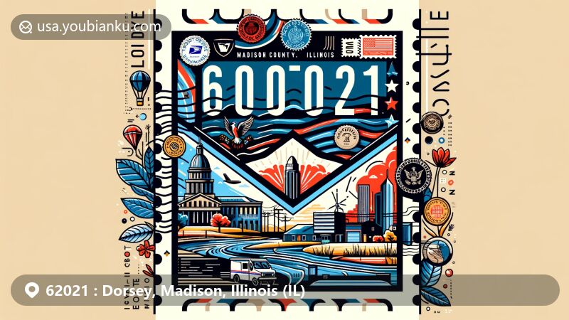 Modern illustration of Dorsey, Madison County, Illinois, featuring postal theme with ZIP code 62021, incorporating local landmarks and cultural symbols in a stylized postcard design.
