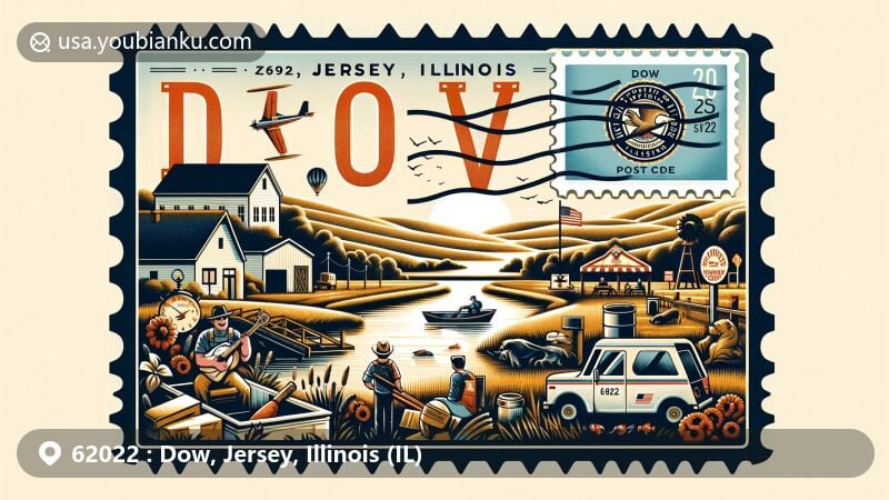 Modern illustration of Dow, Jersey, Illinois, showcasing postal theme with ZIP code 62022, featuring rural community vibe, outdoor activities, Mississippi River, Illinois state flag, and small town festival imagery.