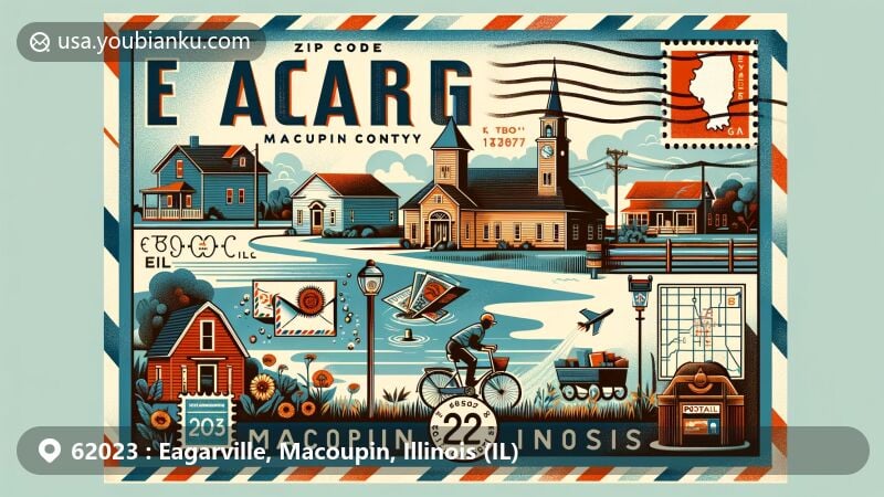 Modern illustration of Eagarville, IL, showcasing postal theme with ZIP code 62023, Macoupin County, featuring stylized map of Macoupin County, vintage postcard layout, airmail envelope border, postal stamps, and postmark.