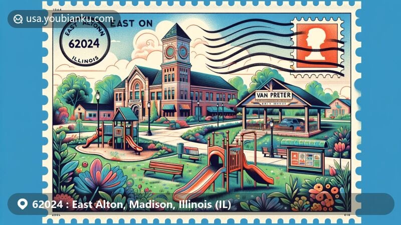 Modern illustration of East Alton, Illinois, displaying Van Preter Park and East Alton History Museum, with a postal theme featuring ZIP code 62024.