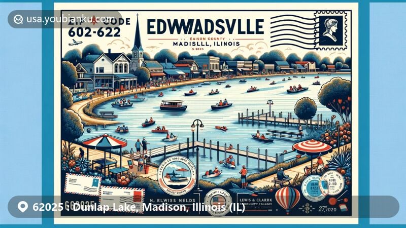Modern illustration of Dunlap Lake in Edwardsville, Madison County, Illinois, showcasing postal theme with ZIP code 62025, featuring Saint Louis Street, N.O. Nelson Campus, and activities around Dunlap Lake.