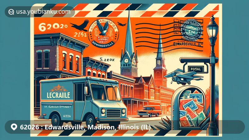 Modern illustration of Edwardsville, Illinois, featuring Leclaire Historic District and St. Louis Street Historic District, with Southern Illinois University Edwardsville silhouette in the background, postal theme with airmail envelope, stamps, postmarks reading '62026' and 'Edwardsville, IL', vintage postal van, and American-style mailbox.
