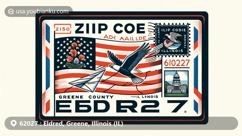 Modern illustration of Eldred, Greene County, Illinois, in postcard style with Illinois state flag, Greene County outline, and local landmark, showcasing ZIP code 62027 and postal symbols.