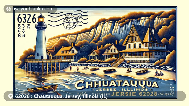 Modern illustration of Chautauqua, Jersey, Illinois, with ZIP code 62028, featuring historic summer resort, iconic lighthouse, bluff side cottages, and majestic Mississippi River.