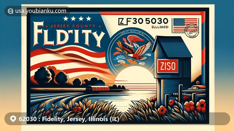 A contemporary illustration of Fidelity, Jersey County, Illinois, presenting a postal theme with ZIP code 62030, highlighted by an airmail envelope. Includes Illinois state flag, Jersey County silhouette, and serene natural landscapes of Fidelity.