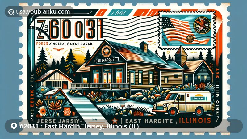 Modern illustration of East Hardin, Jersey, Illinois, showcasing postal theme with ZIP code 62031, featuring Pere Marquette State Park Lodge and Cabins and Illinois state symbols.