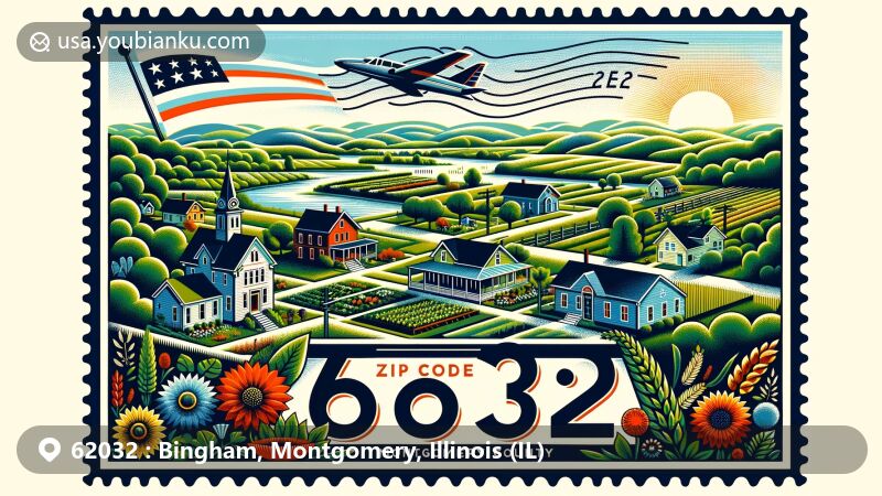 Modern illustration of Fillmore, Montgomery County, Illinois, with air mail envelope background, showcasing rural village charm and local lifestyle, featuring ZIP code 62032 and Illinois state symbols.