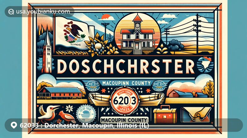 Modern illustration of Dorchester, Macoupin County, Illinois, featuring vintage postcard with Illinois state flag, Macoupin County outline, and local cultural symbols, highlighting rural and agricultural life.
