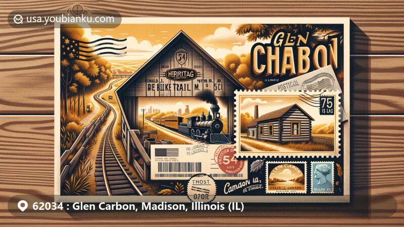 Modern illustration of Glen Carbon, Illinois, highlighting heritage and postal traditions, showcasing Ronald J. Foster Sr. Heritage Bike Trail and Yanda Log Cabin, with a vintage postal envelope featuring Illinois state flag stamp and ZIP code 62034.
