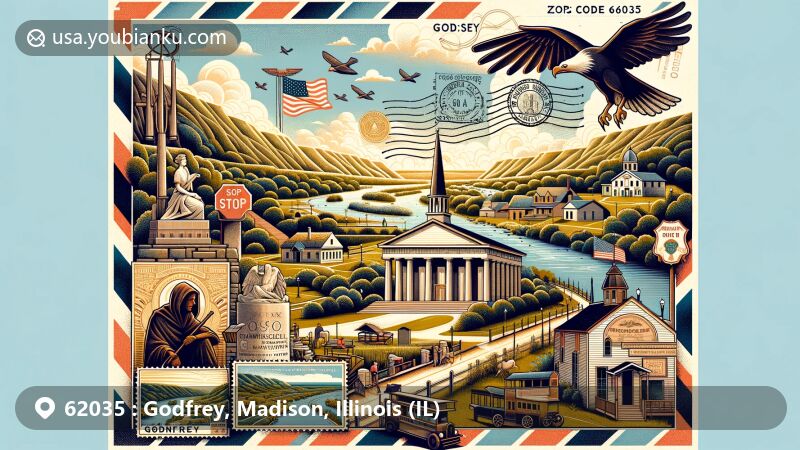Modern illustration of Godfrey, Madison County, Illinois, with postal theme and zip code 62035, featuring Benjamin Godfrey Memorial Chapel, Monticello Sculpture Gardens, Great River Road, Rocky Fork Church, and Piasa Bird.