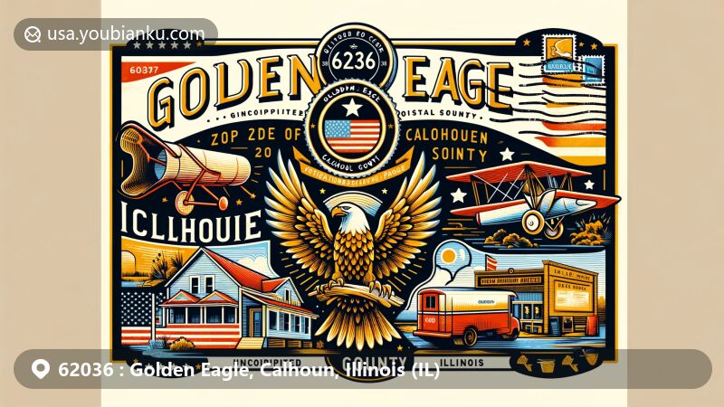Modern illustration of Golden Eagle, Calhoun County, Illinois, showcasing unincorporated community charm with Illinois state flag, Calhoun County outline, and local landmarks.