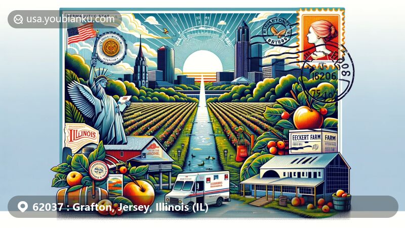 Modern illustration of Grafton, Illinois, highlighting natural beauty of Pere Marquette State Park, Eckert's Farm orchards, and the majestic Mississippi River, adorned with Illinois state symbols.